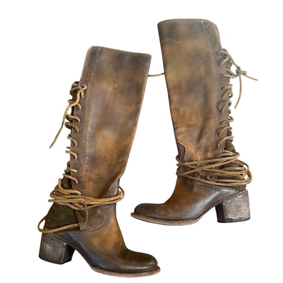 Freebird by Steven COAL Tall Leather Corset Lace Up Boots Womens Sz 7 Tan Brown - Picture 1 of 10